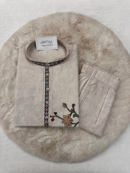 SM0226-01-02 Beige With Blue Orange Floral Cotton Linen Kurta Set