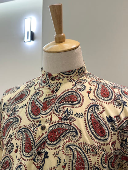 SM0925-16-06 Cream Mango Print Short Cotton Kurta