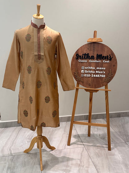 SM0625-06-04 Gold with Colourful Embroidery Floral Soft Silk Blend Kurta Set