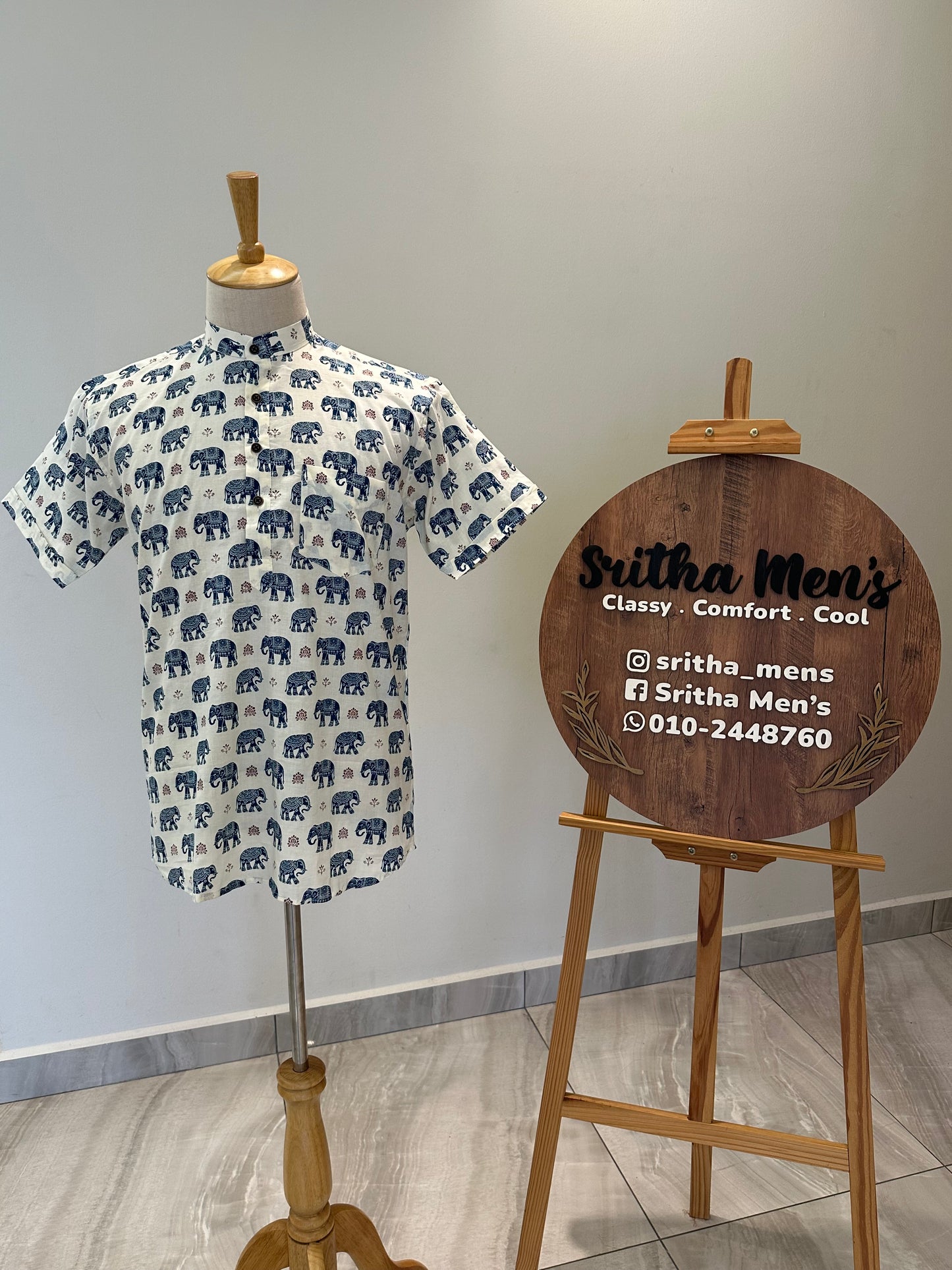 SM1025-16-02 White Base Blue Elephant Print Short Cotton Kurta