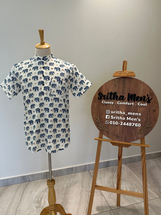 SM1025-16-02 White Base Blue Elephant Print Short Cotton Kurta