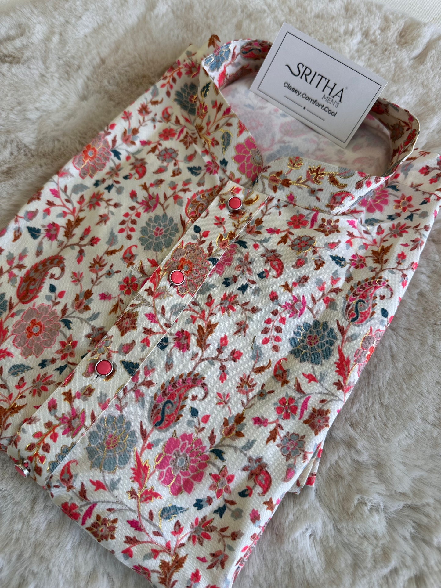 SM1125-02-15 White Floral Soft Viscose Blend Kurta Set