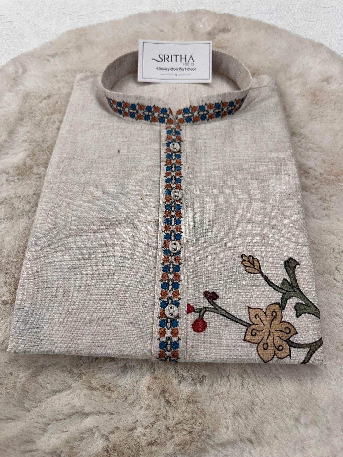 SM0226-01-02 Beige With Blue Orange Floral Cotton Linen Kurta Set
