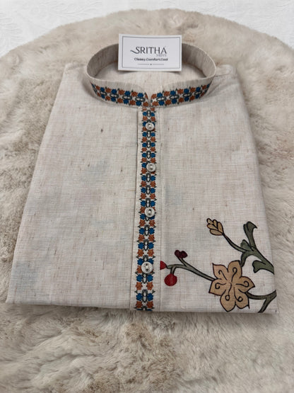 SM0226-01-02 Beige With Blue Orange Floral Cotton Linen Kurta Set