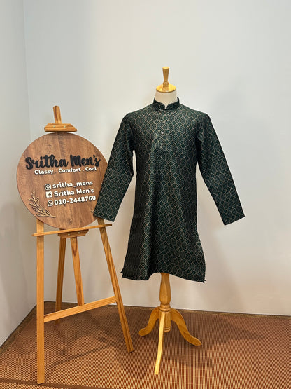 SM0826-02-09 Bottle Green & Gold Jacquard Silk Blend Kurta Set