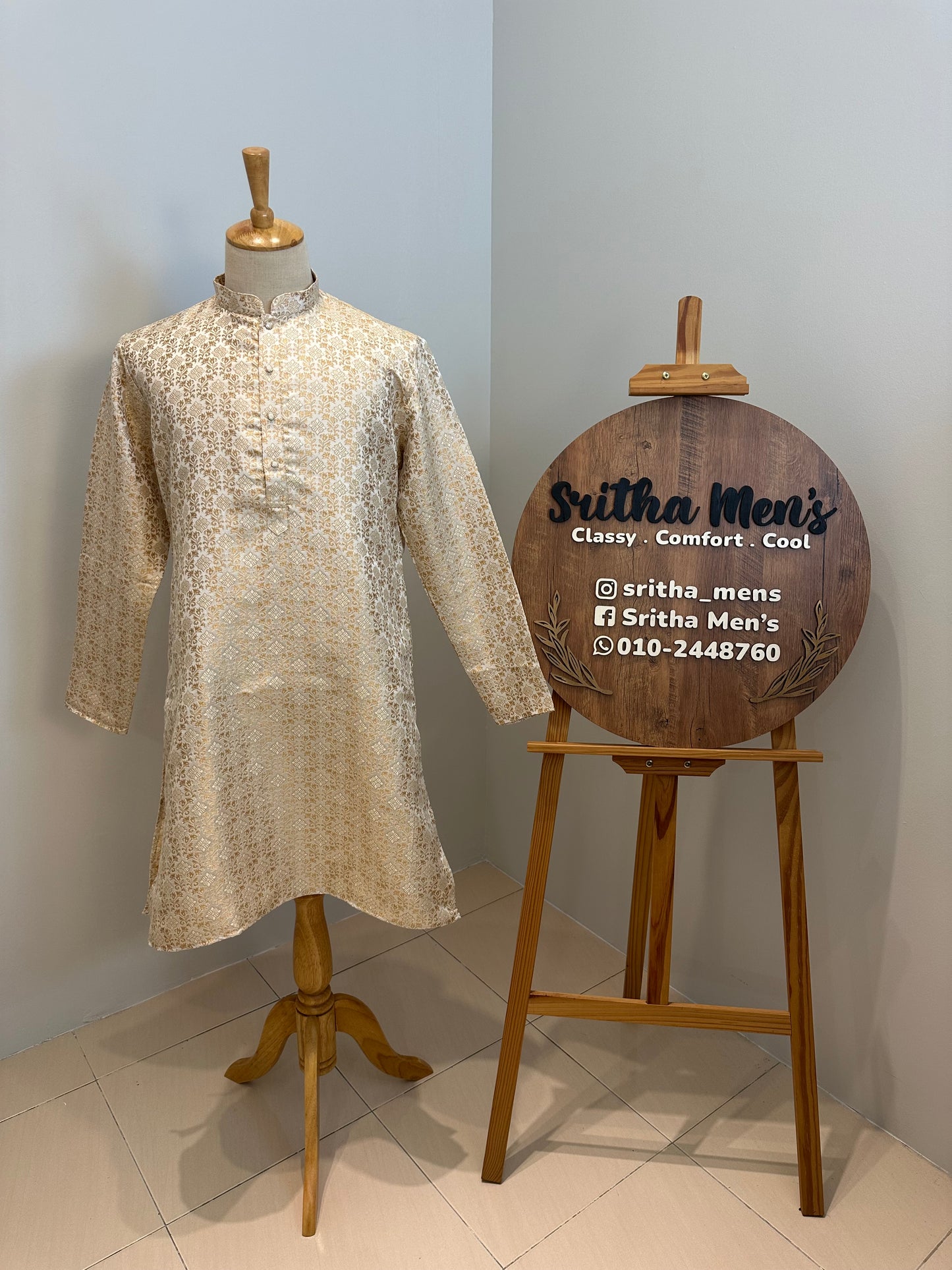 SM0626-02-15 Cream Based Gold Design Jacquard Silk Kurta Set
