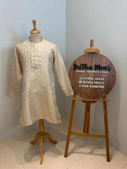 SM0626-02-15 Cream Based Gold Design Jacquard Silk Kurta Set