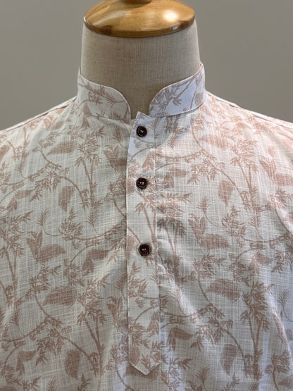 SM0326-18-10 White & Brown Floral Print Short Cotton Kurta