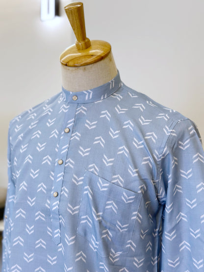 SM0324-01-12 Light Blue Arrow Short Cotton Kurta