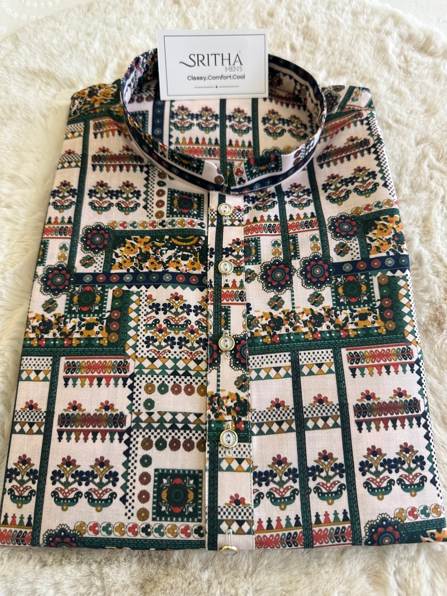 SM0925-01-15 Green & White Print Cotton Kurta