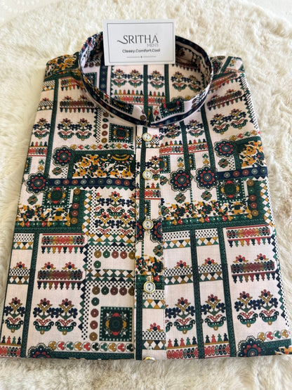 SM0925-01-15 Green & White Print Cotton Kurta