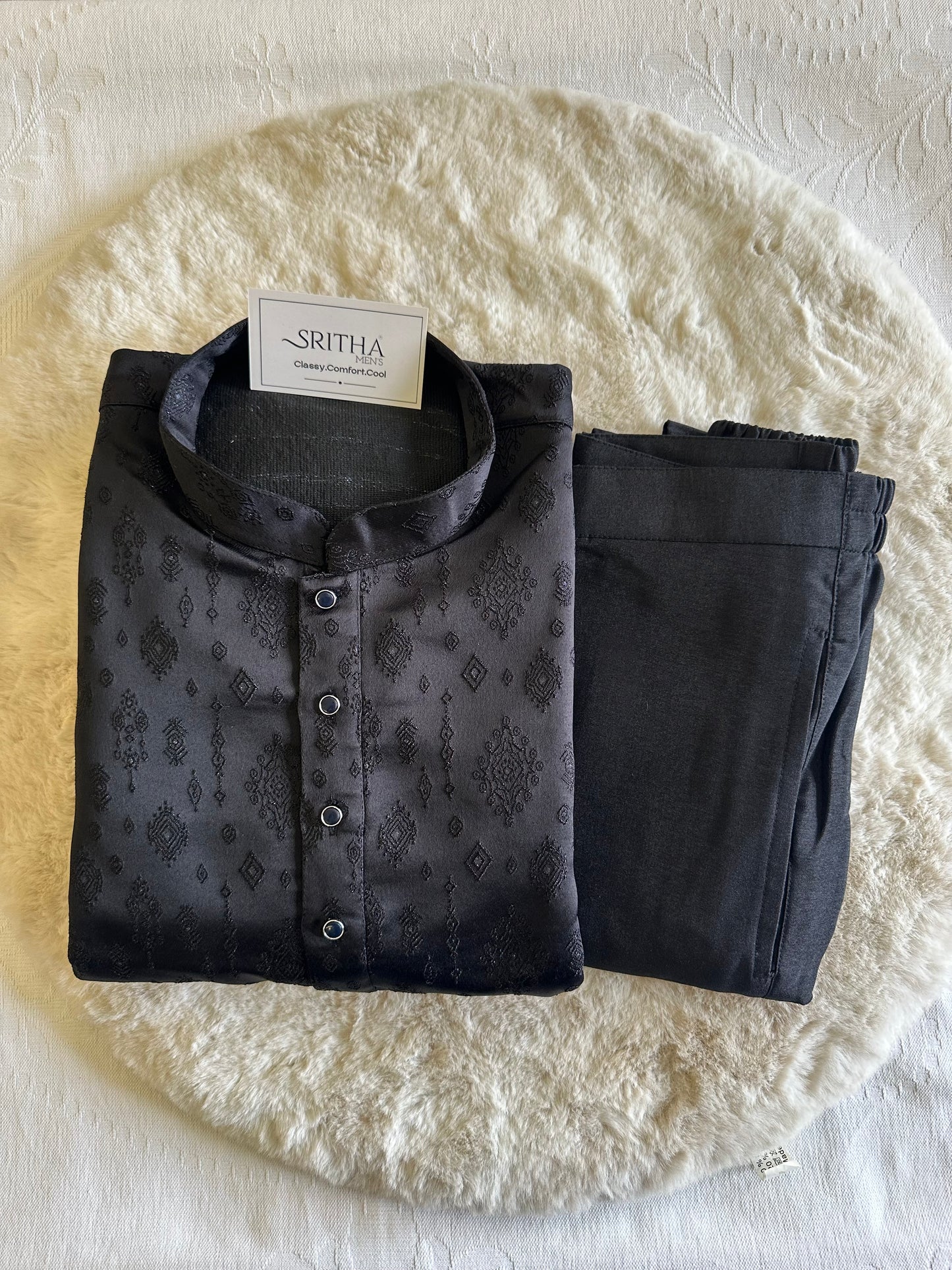 SM0626-02-03 Black Embossed  Design Silk Blend Kurta Set