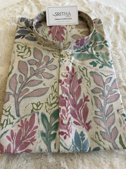 SM0825-01-05 Beige Leaf Motif Cotton Kurta