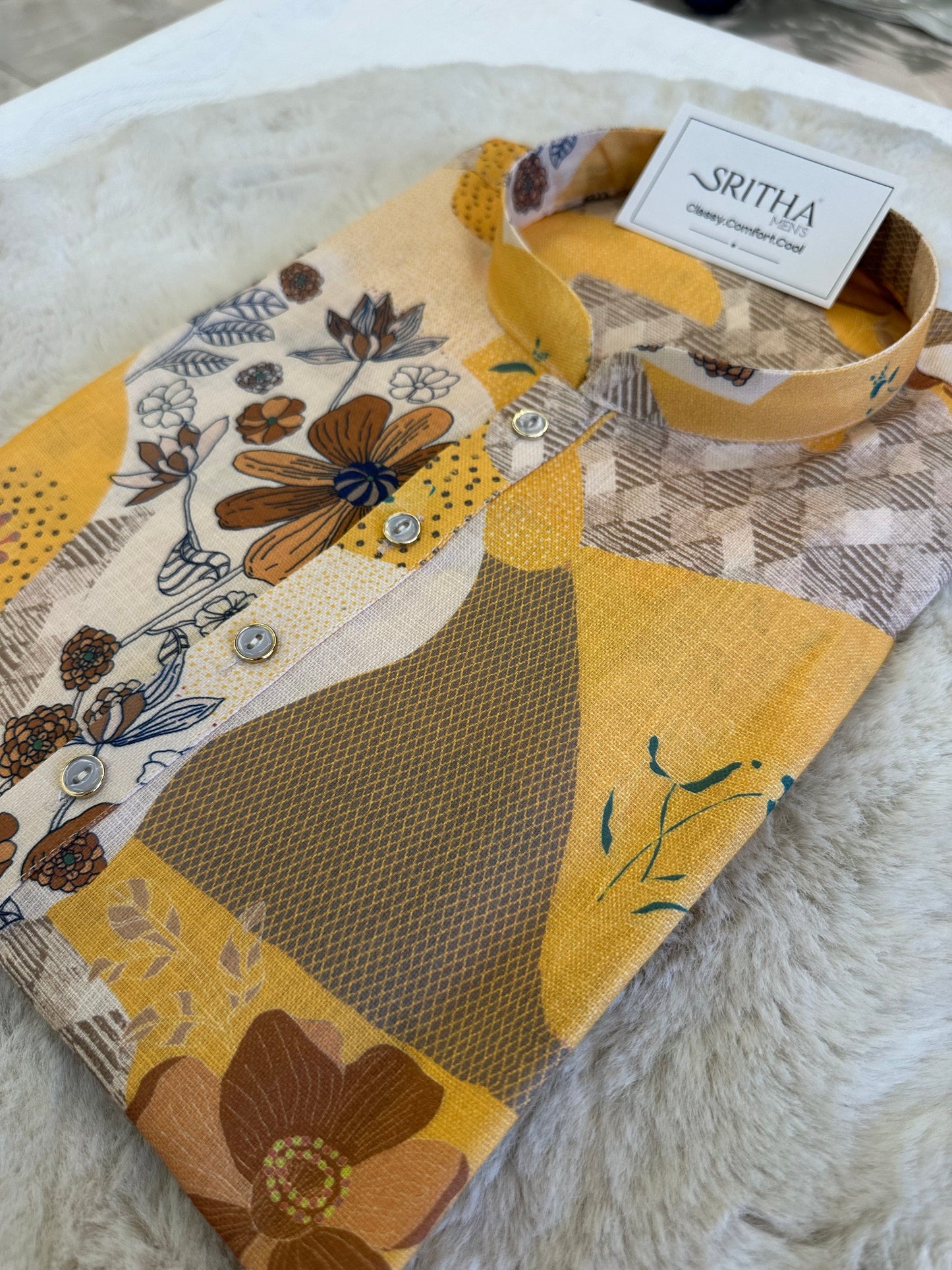 SM0626-01-06 Yellow Floral Printed Linen Blend Kurta