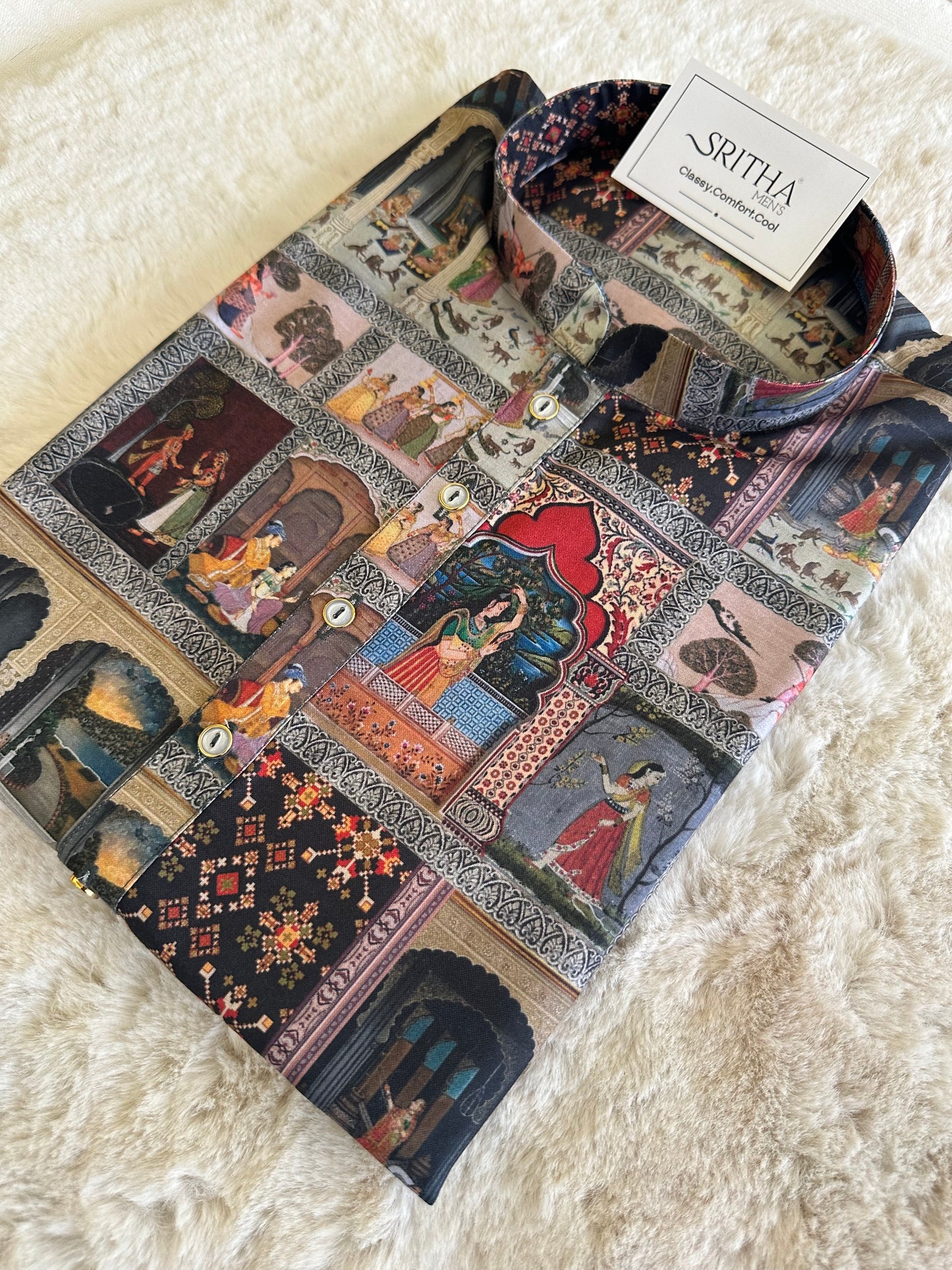 SM0925-01-17 Black Tribe Print Cotton Kurta