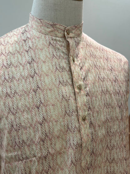 SM1224/25-01-16 Cream Purple Cotton Long Sleeve Short Kurta