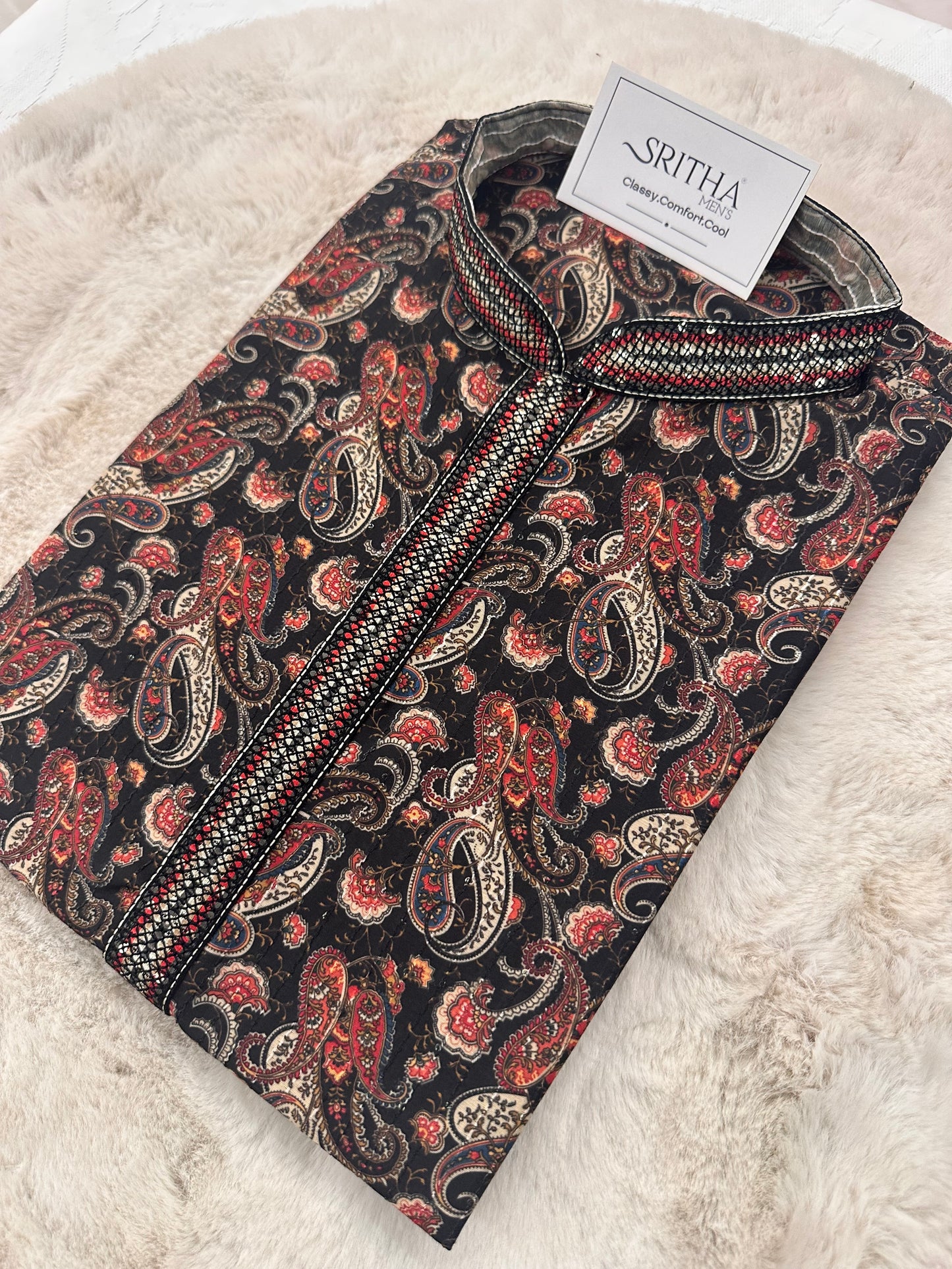 SM0326-06-07 Black & Red Paisley Design with  Sequins Soft Cotton Blend Kurta Set
