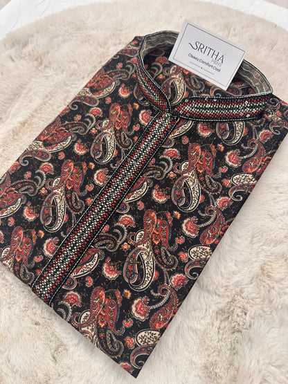 SM0326-06-07 Black & Red Paisley Design with  Sequins Soft Cotton Blend Kurta Set