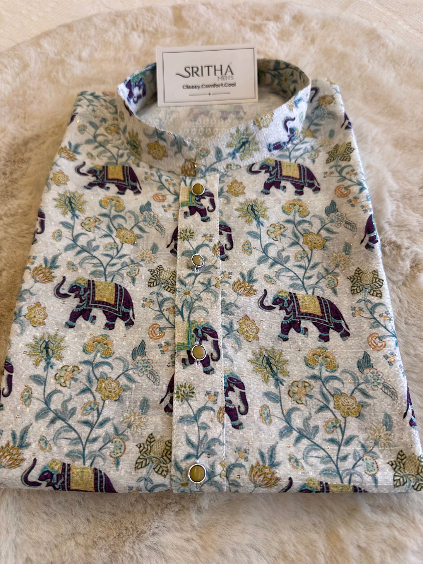 SM1125-02-06 Off White Blue Elephant Print Soft Silk Blend Kurta Set