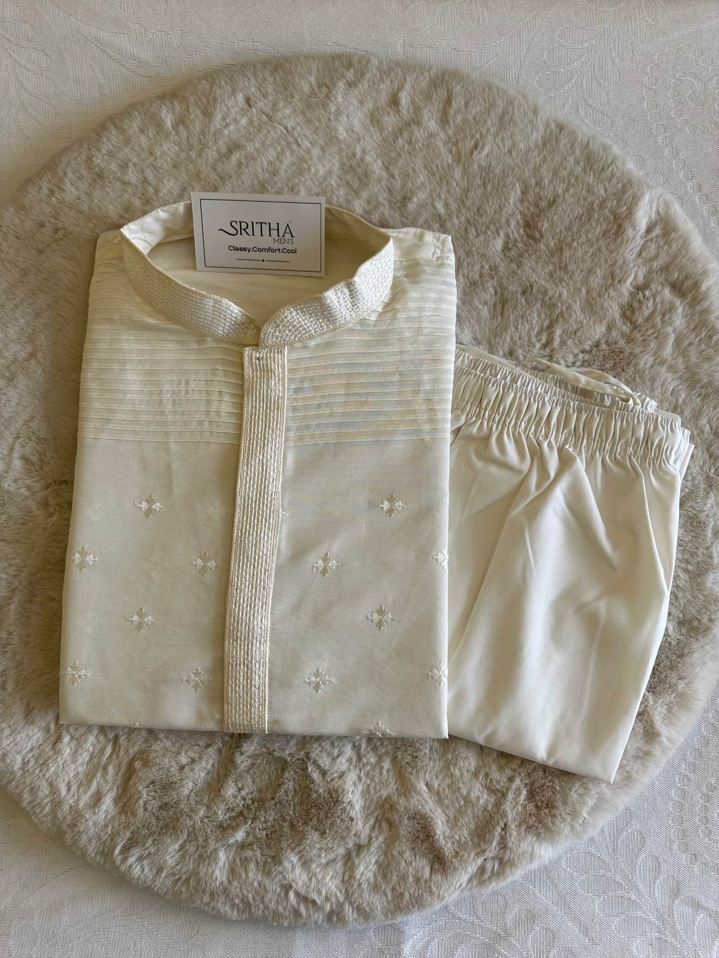 SM0326-06-03 White with Embroidery Floral Soft Cotton Blend Kurta Set
