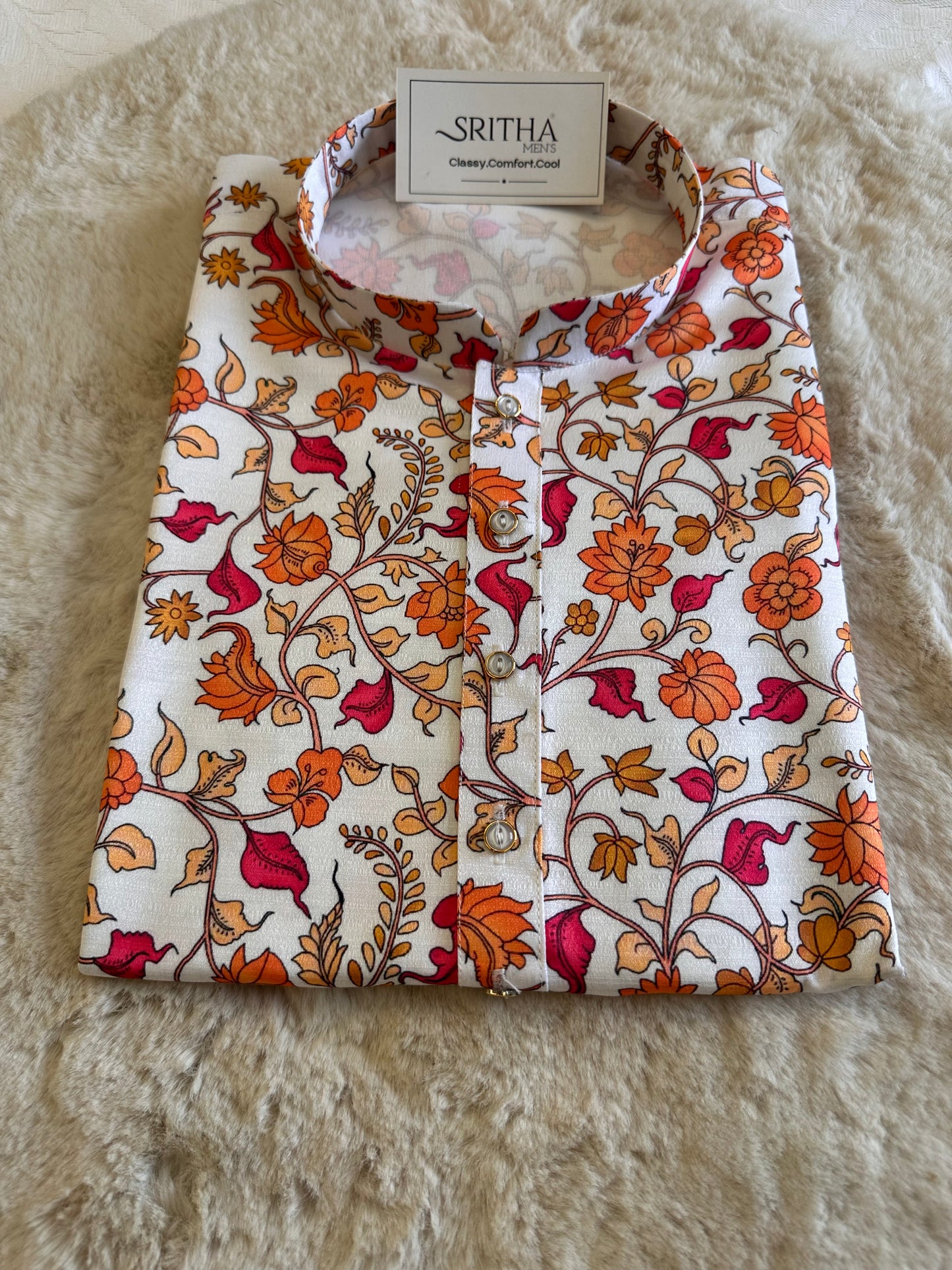 SM1225-01-04 White & Orange Floral Khadi Silk Kurta