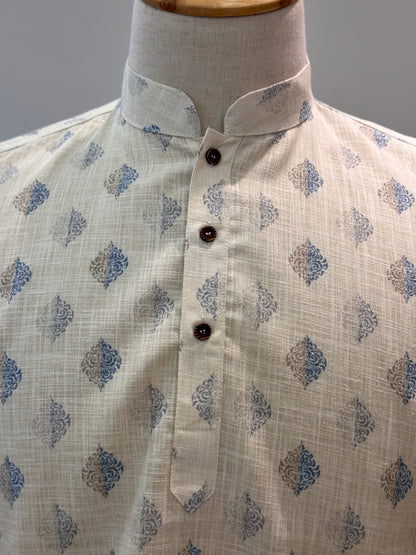SM0126-18-06 Light Yellow & Blue Grey Print Short Cotton Kurta