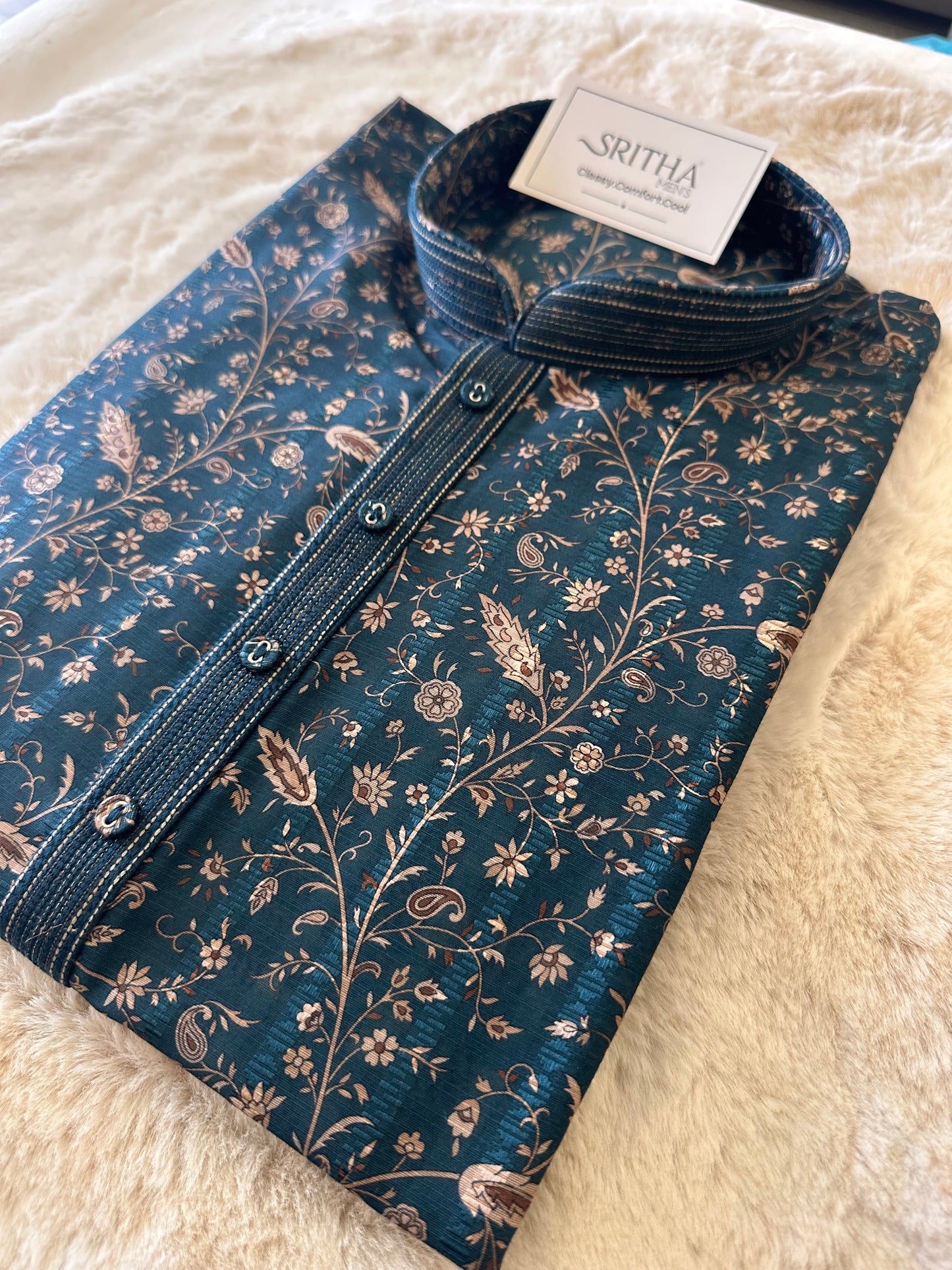 SM1225-01-15 Dark Green & Gold Floral Soft Cotton Silk Kurta