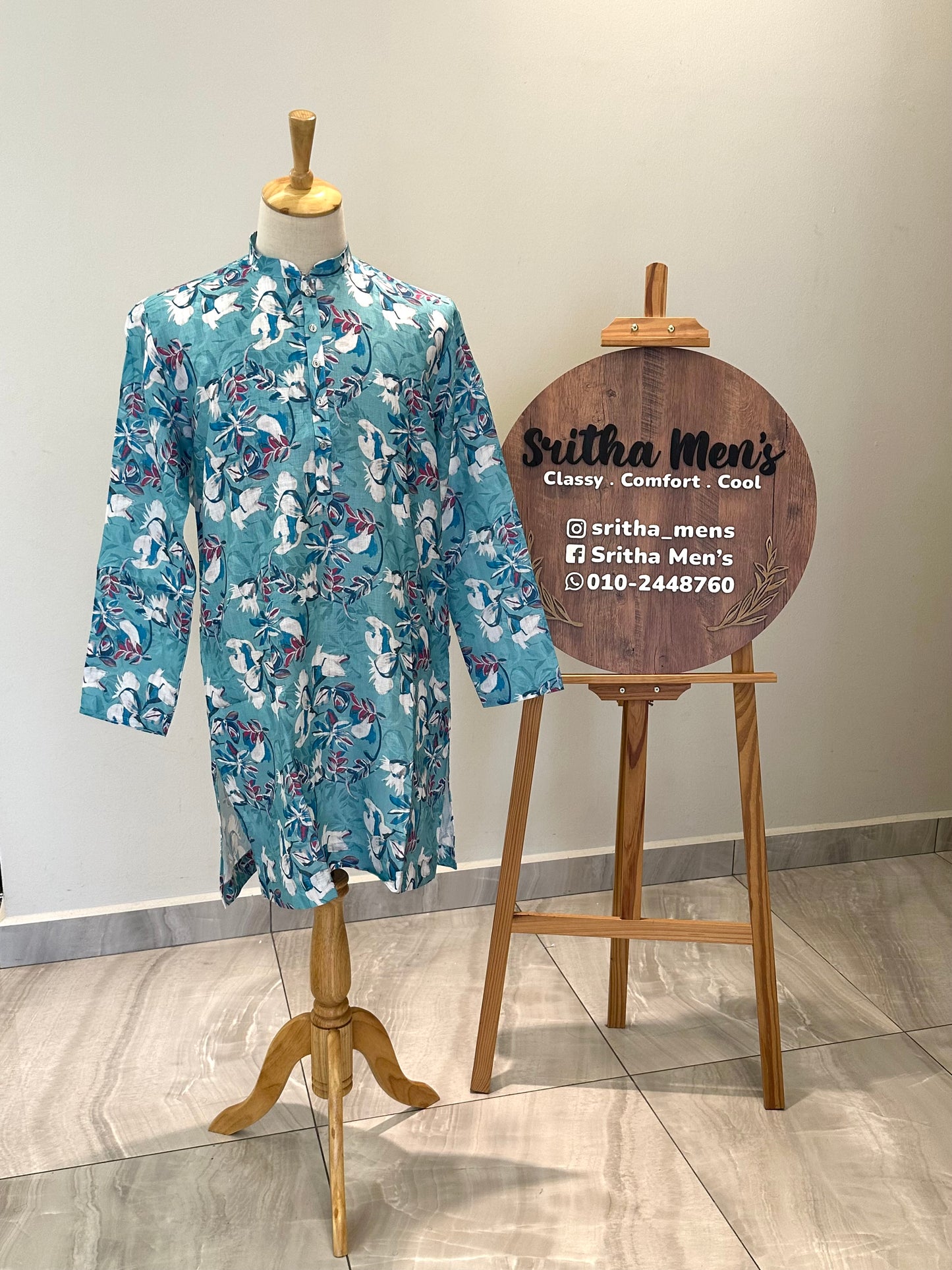 SM0626-01-01 Blue & White Floral Design Printed Linen Blend Kurta