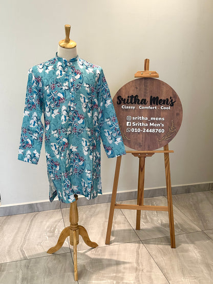 SM0626-01-01 Blue & White Floral Design Printed Linen Blend Kurta