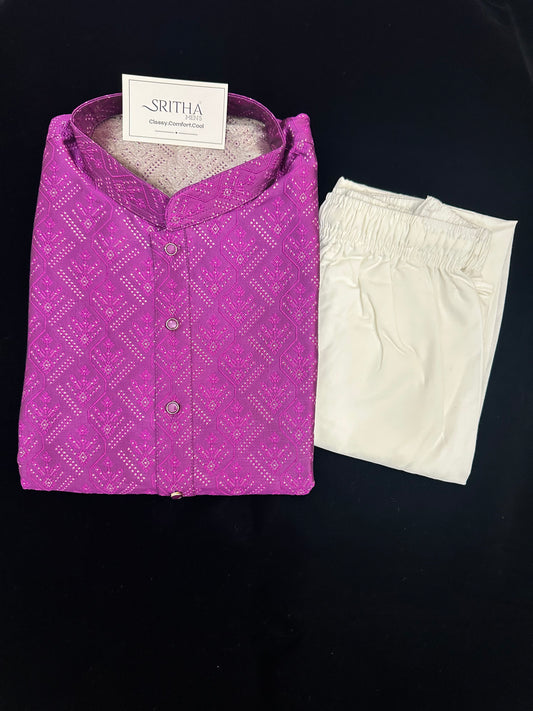SM0626-02-01 Royal Purple & Gold Silk Blend Kurta Set