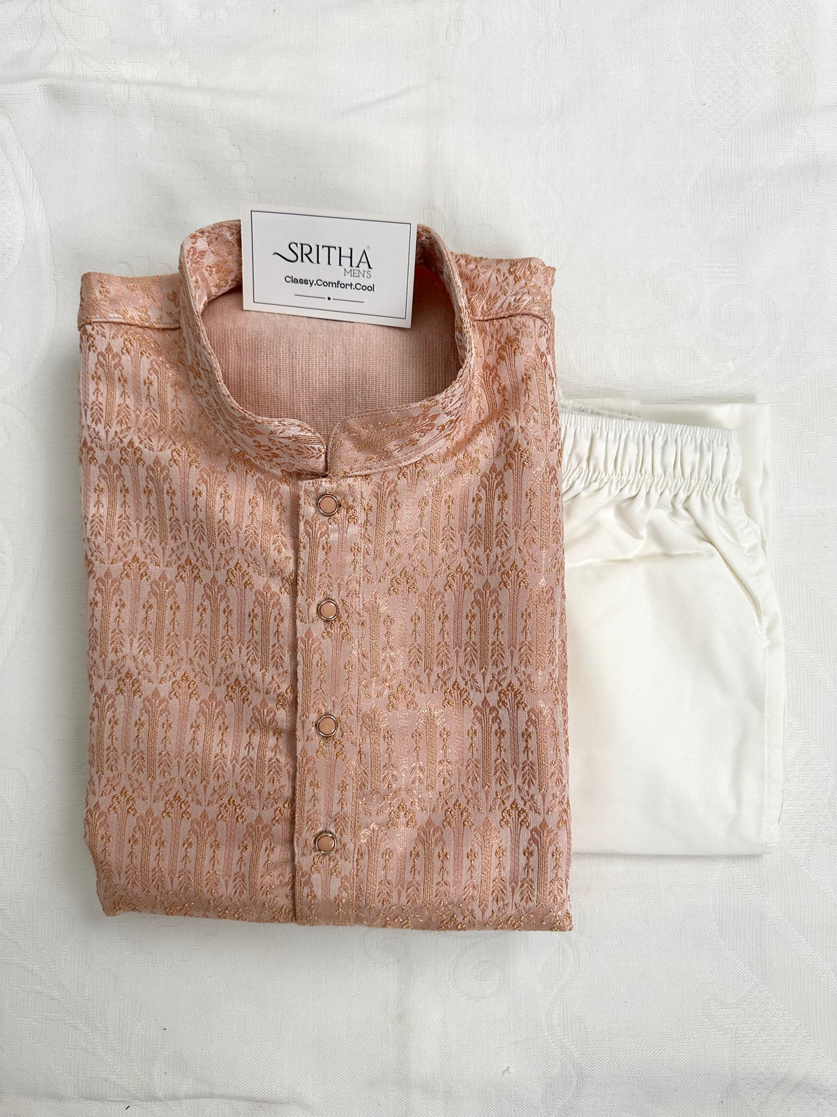 SM0826-02-11 Peach Orange Embossed Jacquard Silk Blend Kurta Set