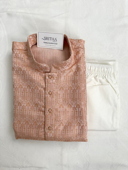 SM0826-02-11 Peach Orange Embossed Jacquard Silk Blend Kurta Set
