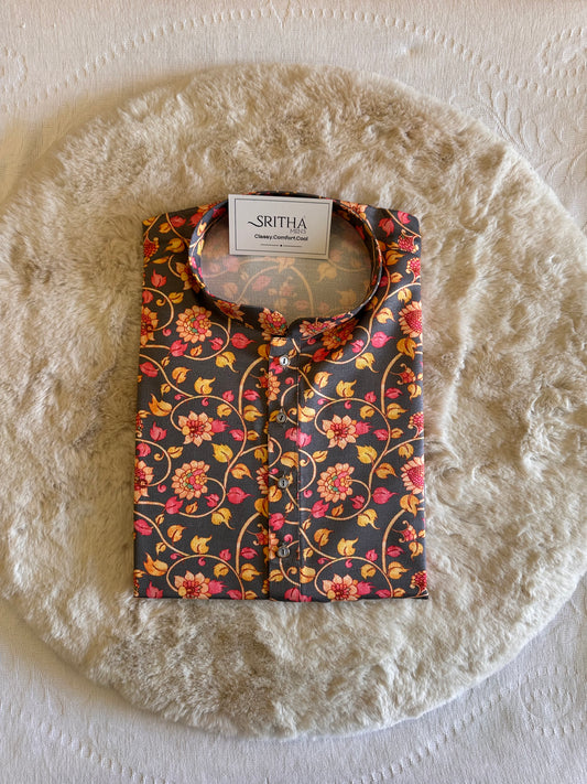 SM1225-01-09 Grey Floral Khadi Silk Kurta