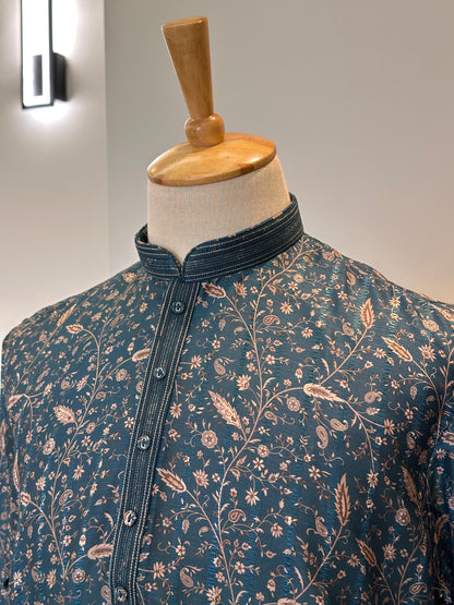 SM1225-01-15 Dark Green & Gold Floral Soft Cotton Silk Kurta