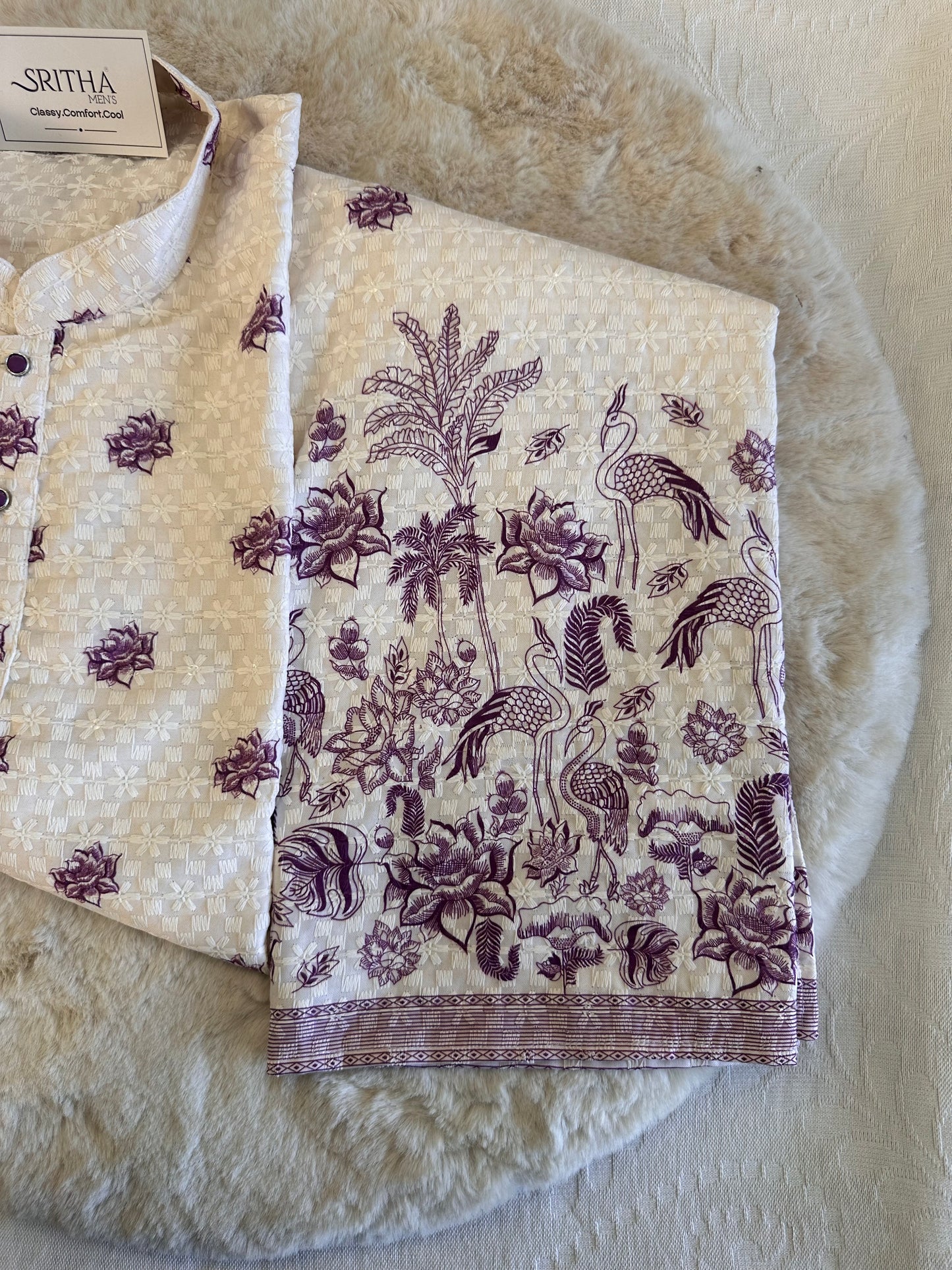 SM0326-02-06 White Lavender Flamingo & Floral Thread-work Design
