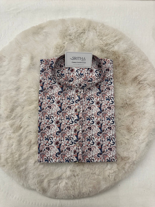 SM0625-01-14 White & Blue Floral Viscose Kurta