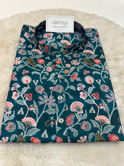 SM0726-01-04 Green Floral & Bird Printed Soft Cotton Kurta