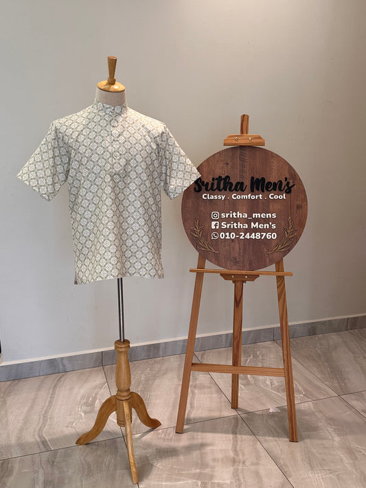 SM1025-18-02 White & Green Cotton Blend Short Kurta