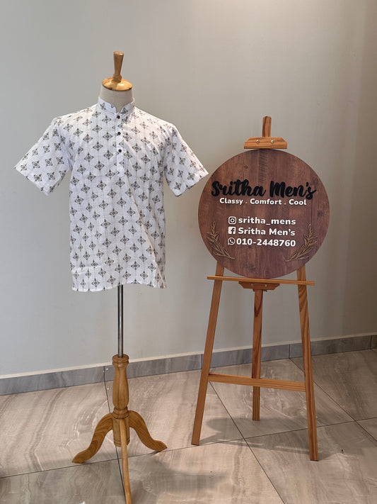 SM0326-18-04 White Brown Small Mandala Print Short Cotton Kurta