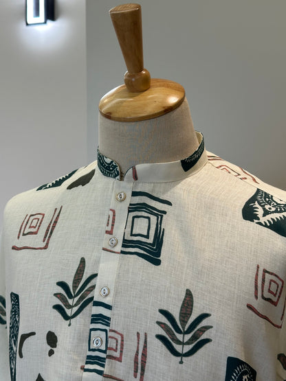 SM0626-01-04 Off White & Green Design Printed Linen Blend Kurta