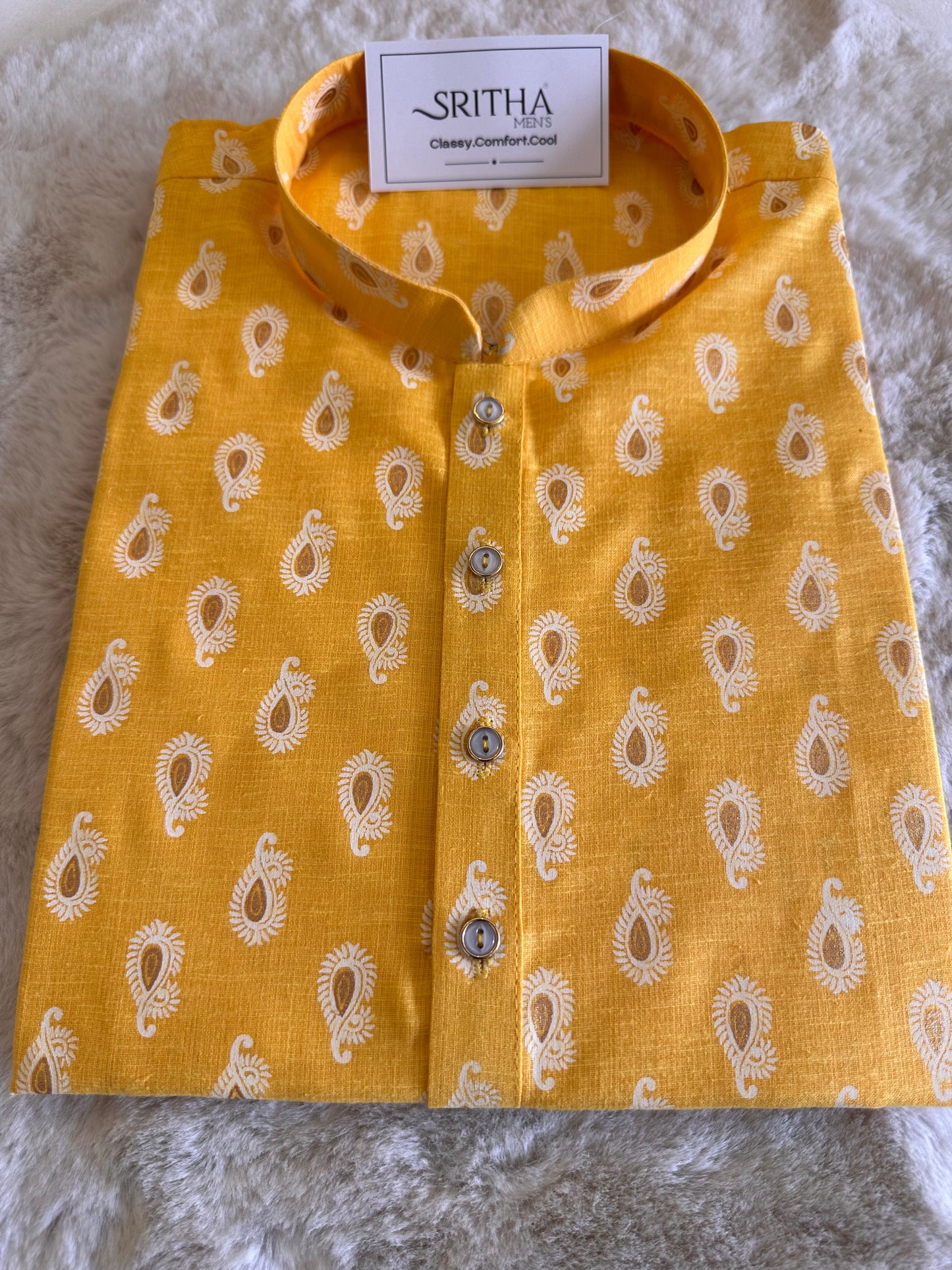 SM0126-01-01 Yellow & White Printed Cotton Kurta