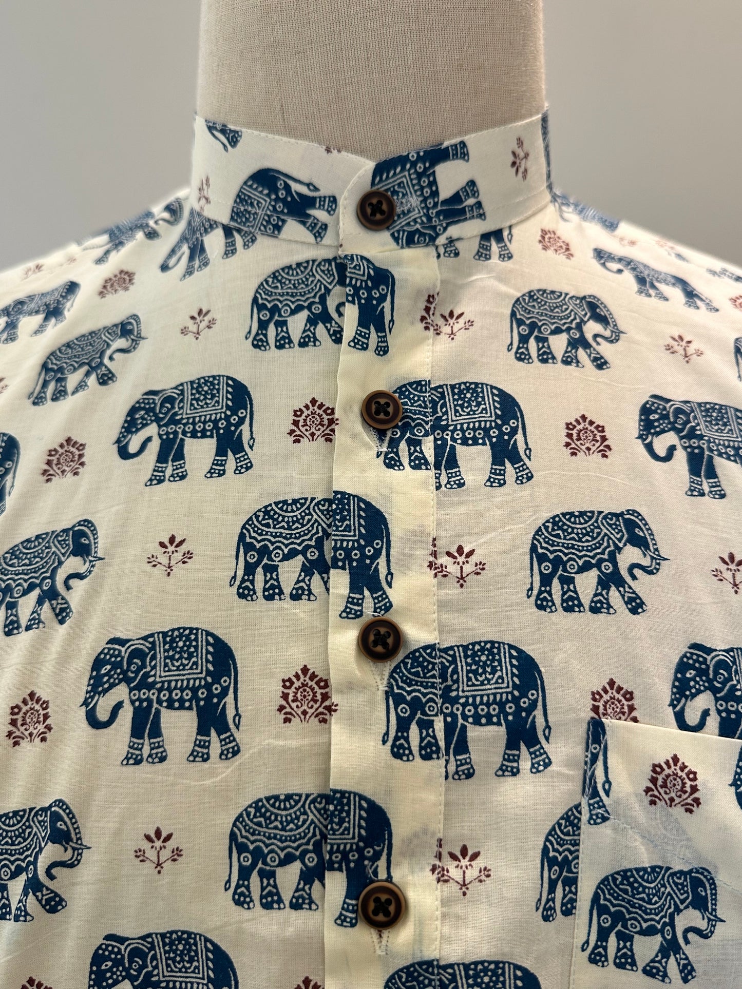 SM1025-16-02 White Base Blue Elephant Print Short Cotton Kurta