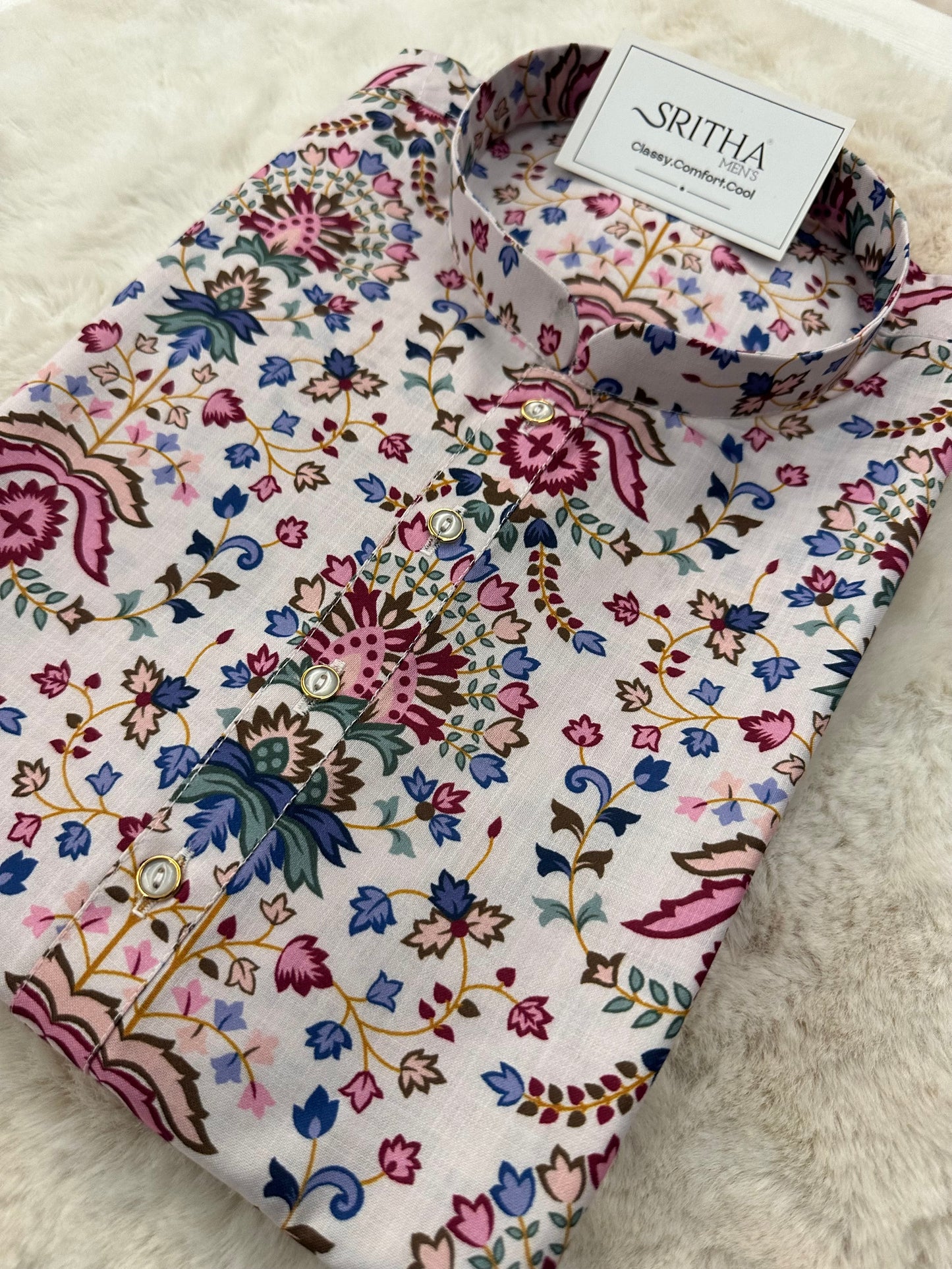 SM0925-01-11 White & Pink Print Cotton Kurta