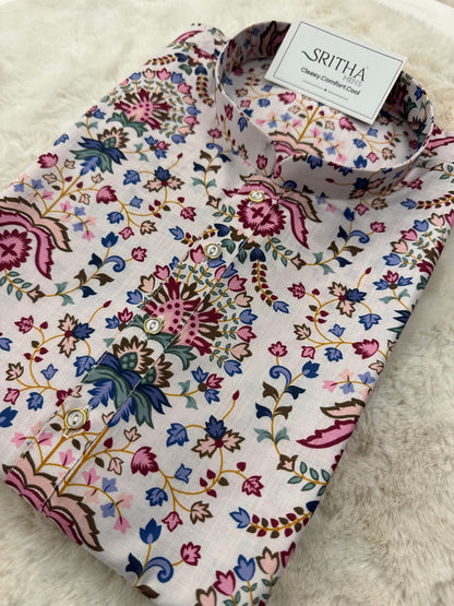 SM0925-01-11 White & Pink Print Cotton Kurta