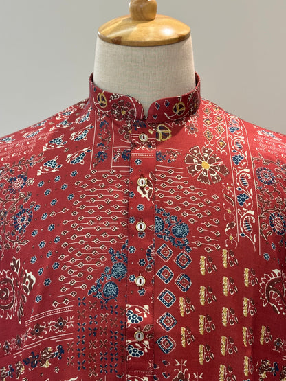 SM1225-01-01 Brick Red Floral Khadi Silk Kurta