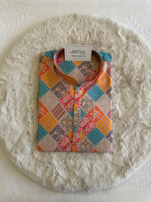 SM0625-01-03 Yellow Pink & Green Printed Cotton Kurta