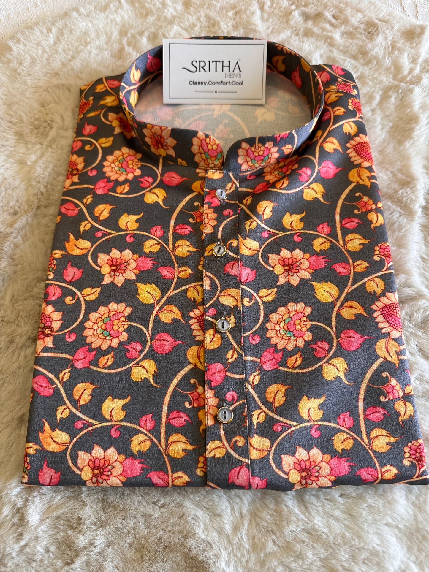 SM1225-01-09 Grey Floral Khadi Silk Kurta