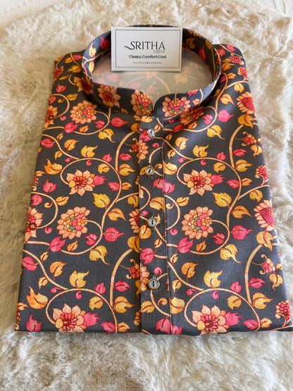 SM1225-01-09 Grey Floral Khadi Silk Kurta