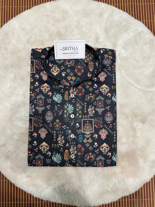 SM0726-01-02 Black Base Animal Printed Soft Cotton Kurta