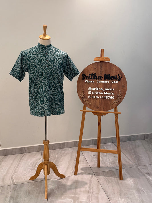 SM0326-16-09 Green & White Print Short Cotton Kurta
